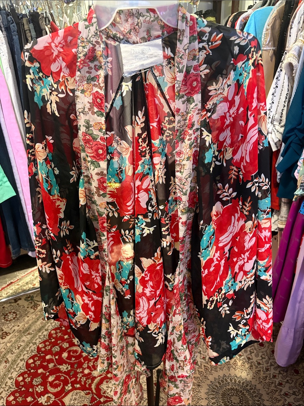 Floral Tie-Neck Blouse in Black and Red